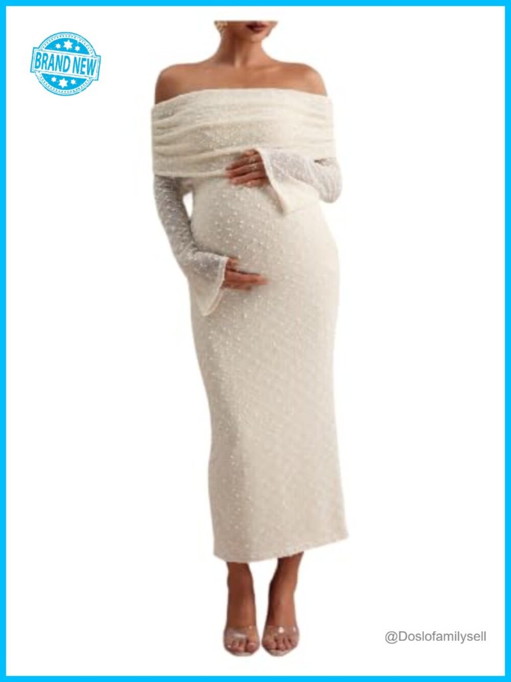 Off Shoulder Swiss Dot Maternity Baby Shower Dress Long Sleeve